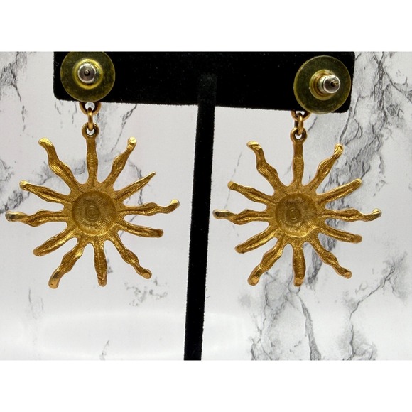 Matte Gold Sun Face Dangle Earrings 2" Drop Celestial Signed "C" - Picture 6 of 8